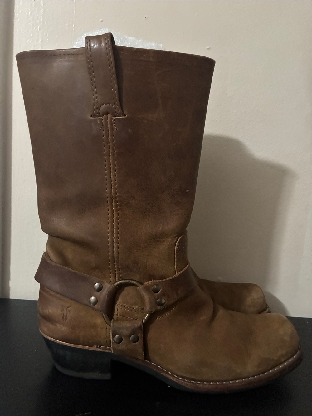 Leather Frye Harness 12R Boots featuring 
Pair of brown women’s size 9